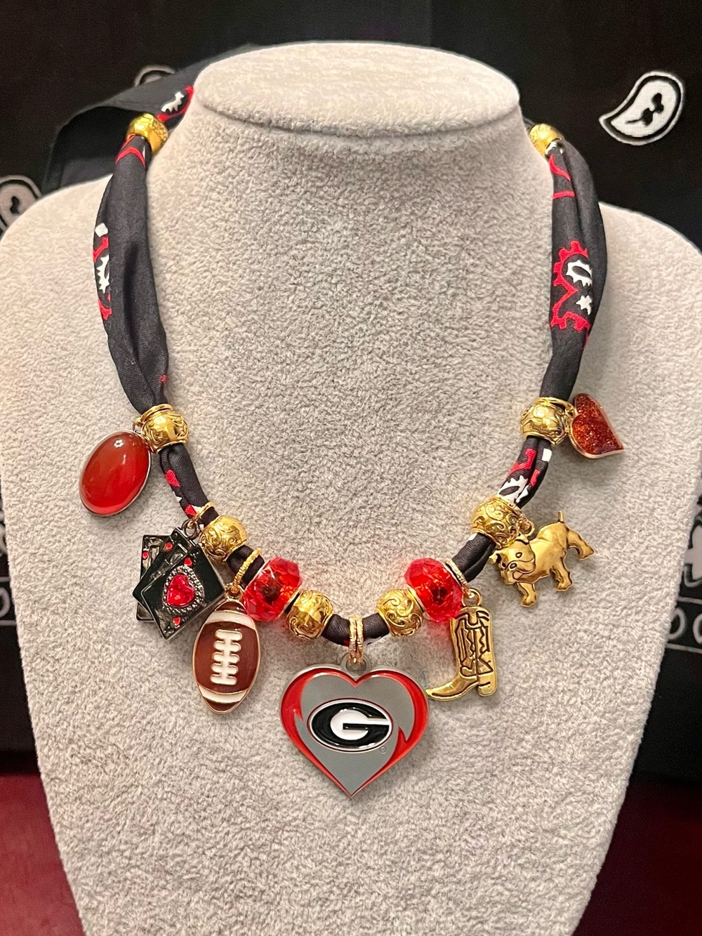 University of Georgia Black Bandana Charm Necklace, UGA, Georgia Bulldogs, 28”